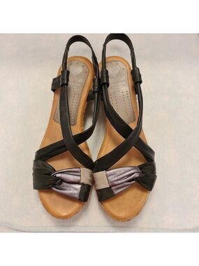 New Platform Open Toe Wedges Leather Slip On Strappy Sandals Black Silver Gray